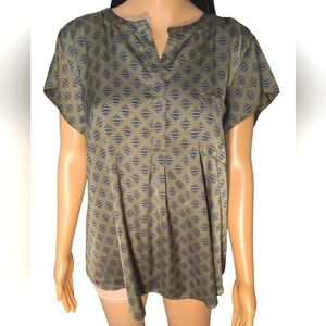Liz Claiborne Olive Green Top With Blue And Orange Geometric Design XL